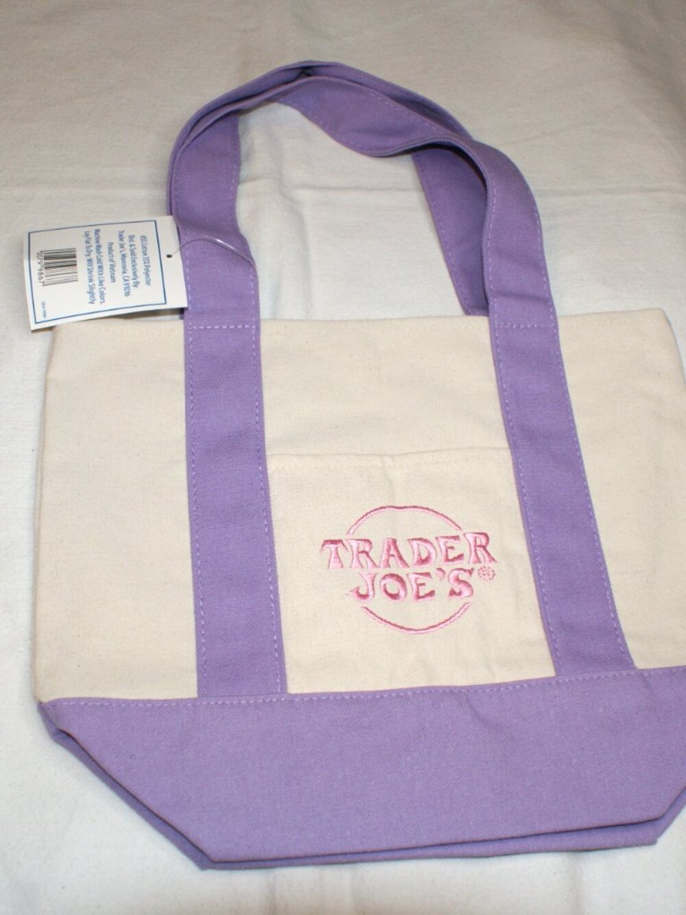 Trader Joe's Mini Pastel Canvas Tote Bag with Purple straps and Pink TJ Logo NEW